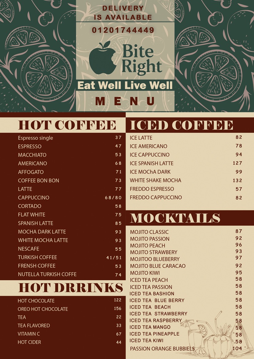 BiteRight Cafe Menu Card 1 - Hot Coffee, Hot Drinks, Iced Coffee, Mocktails - Alexandria Egypt
