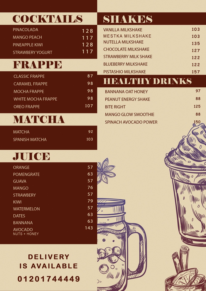 BiteRight Cafe Menu Card 2 - Cocktails, Frappe, Matcha, Juice, Shakes, Healthy Drinks - Alexandria Egypt